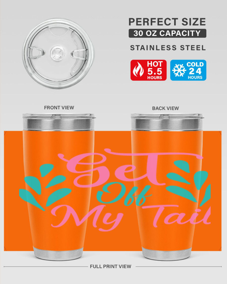 Get Off My Tail 175# Mermaid Tumbler showcasing vibrant mermaid design, double wall vacuum stainless steel construction, and drink-thru lid.