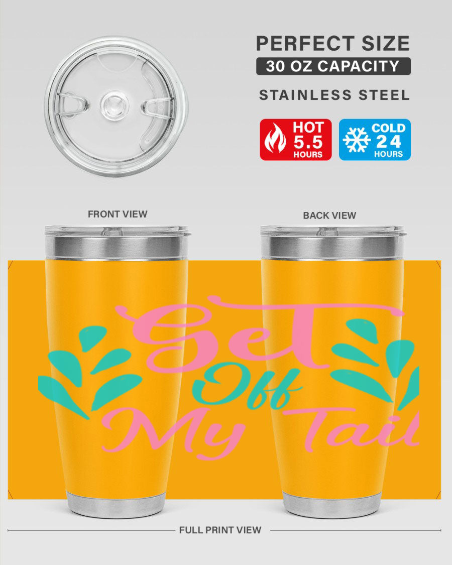 Get Off My Tail 175# Mermaid Tumbler showcasing vibrant mermaid design, double wall vacuum stainless steel construction, and drink-thru lid.