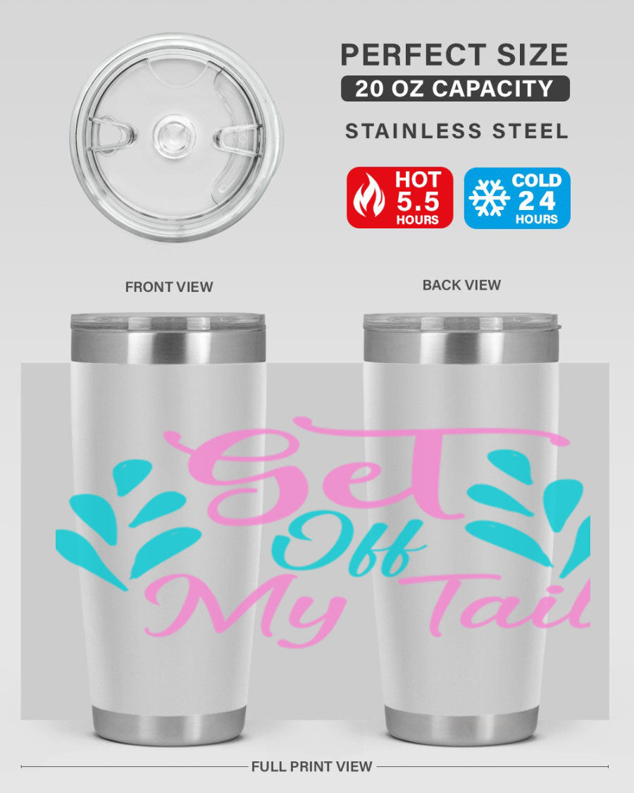 Get Off My Tail 175# Mermaid Tumbler showcasing vibrant mermaid design, double wall vacuum stainless steel construction, and drink-thru lid.