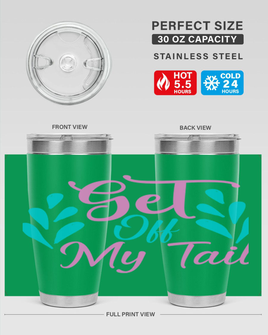Get Off My Tail 175# Mermaid Tumbler showcasing vibrant mermaid design, double wall vacuum stainless steel construction, and drink-thru lid.