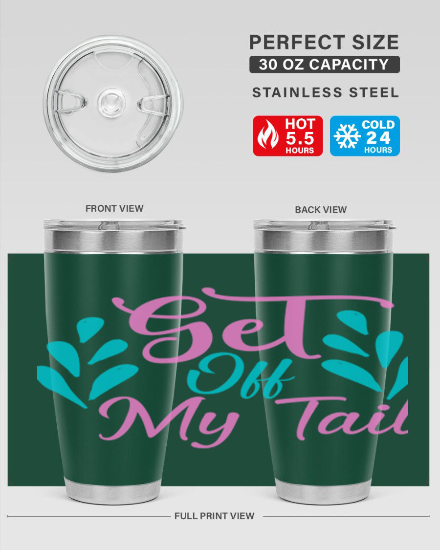 Get Off My Tail 175# Mermaid Tumbler showcasing vibrant mermaid design, double wall vacuum stainless steel construction, and drink-thru lid.