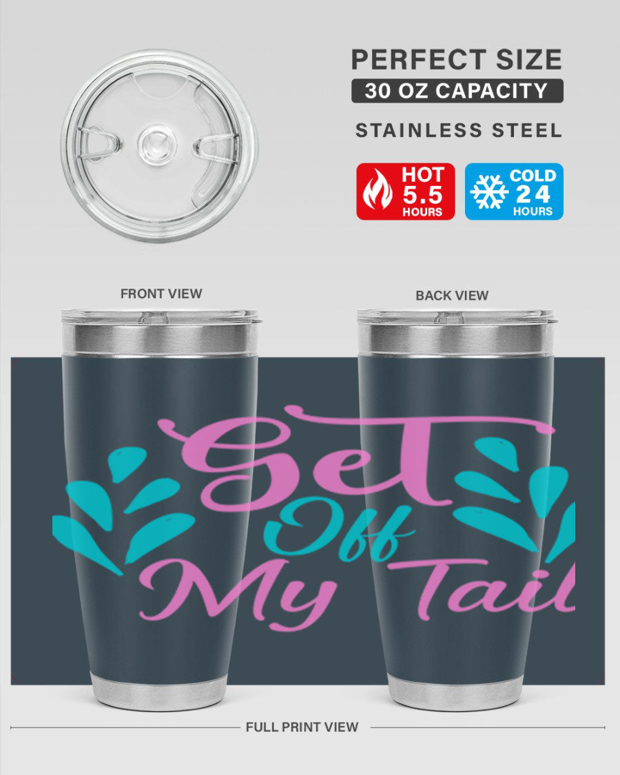 Get Off My Tail 175# Mermaid Tumbler showcasing vibrant mermaid design, double wall vacuum stainless steel construction, and drink-thru lid.