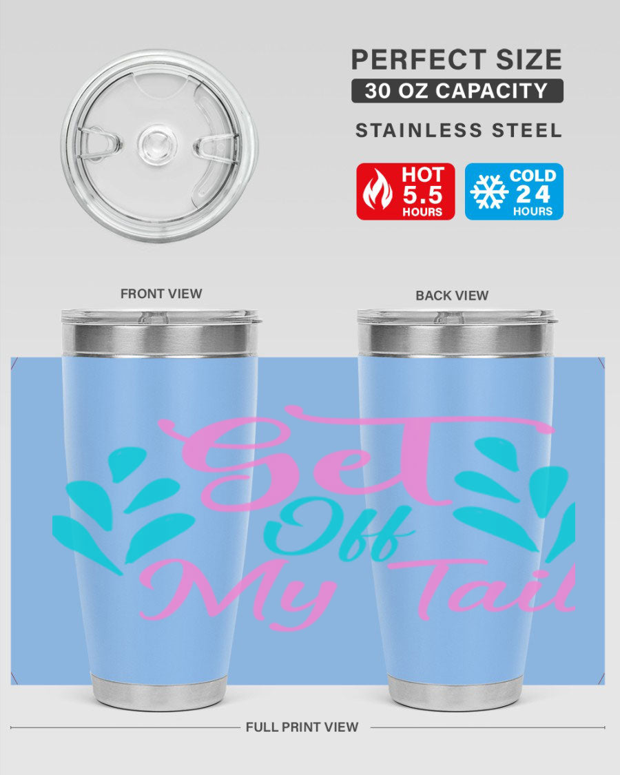 Get Off My Tail 175# Mermaid Tumbler showcasing vibrant mermaid design, double wall vacuum stainless steel construction, and drink-thru lid.