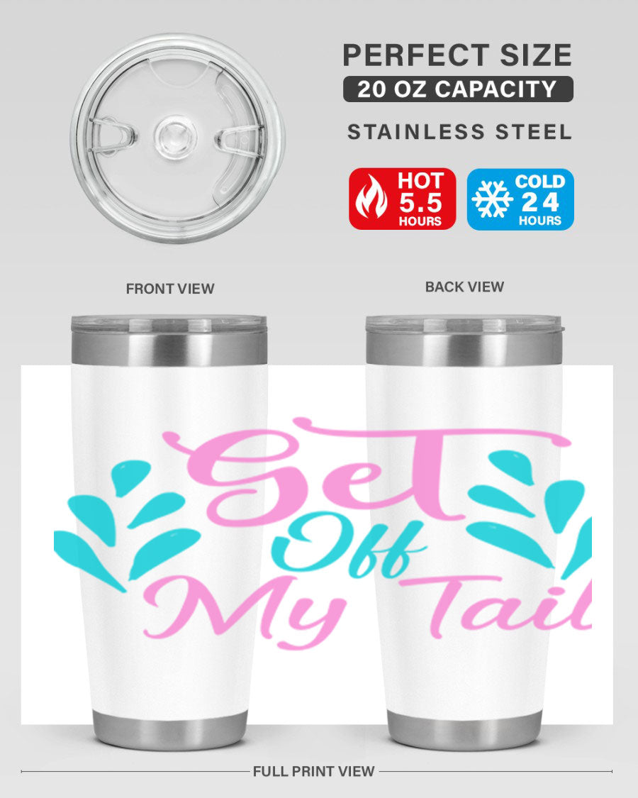 Get Off My Tail 175# Mermaid Tumbler showcasing vibrant mermaid design, double wall vacuum stainless steel construction, and drink-thru lid.