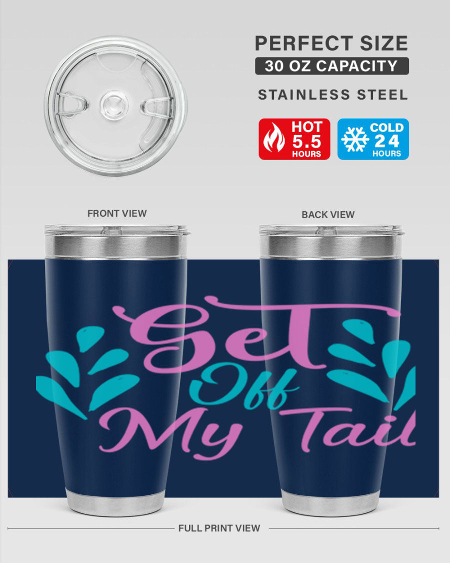 Get Off My Tail 175# Mermaid Tumbler showcasing vibrant mermaid design, double wall vacuum stainless steel construction, and drink-thru lid.