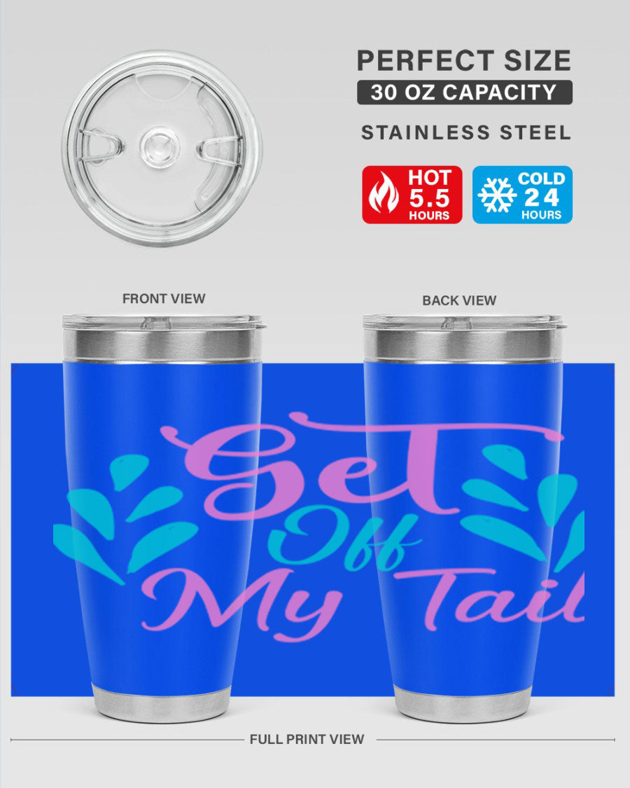Get Off My Tail 175# Mermaid Tumbler showcasing vibrant mermaid design, double wall vacuum stainless steel construction, and drink-thru lid.