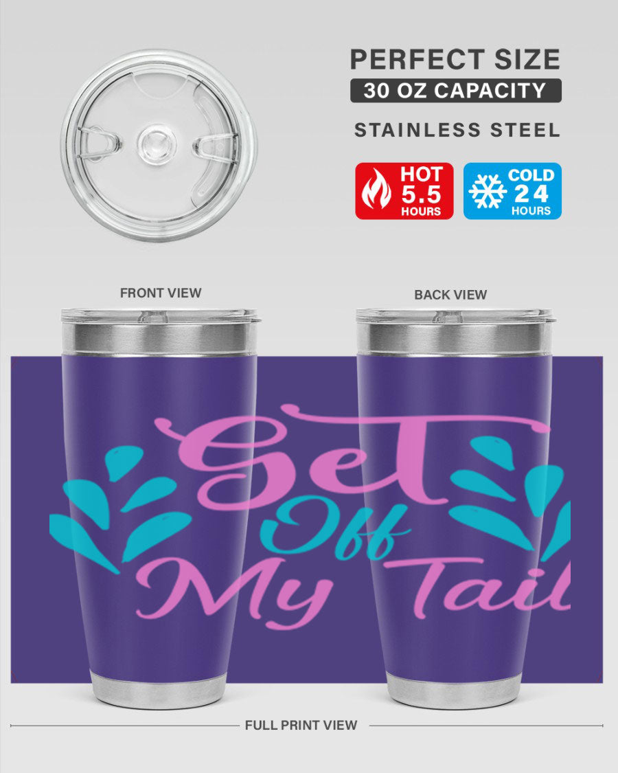 Get Off My Tail 175# Mermaid Tumbler showcasing vibrant mermaid design, double wall vacuum stainless steel construction, and drink-thru lid.