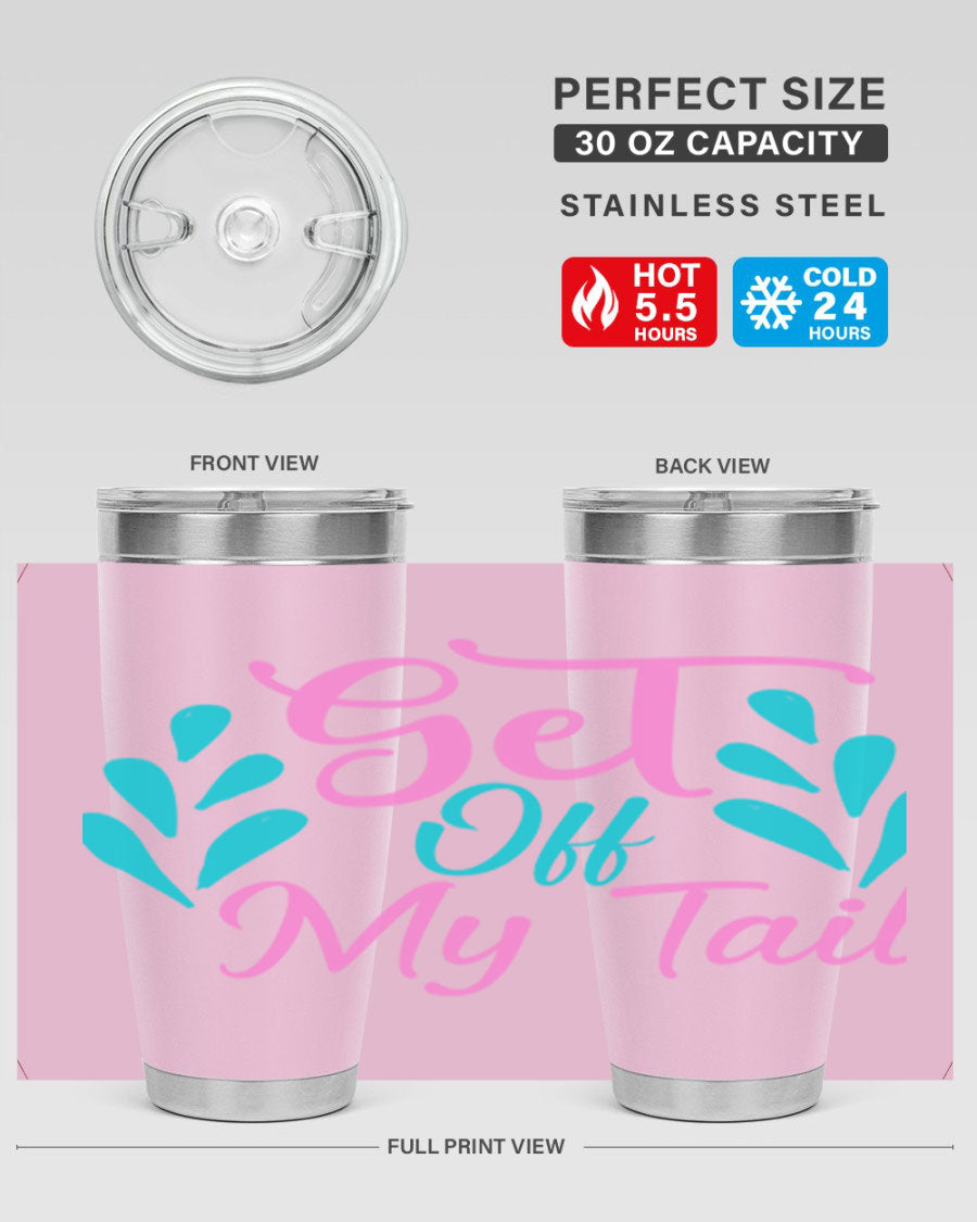 Get Off My Tail 175# Mermaid Tumbler showcasing vibrant mermaid design, double wall vacuum stainless steel construction, and drink-thru lid.