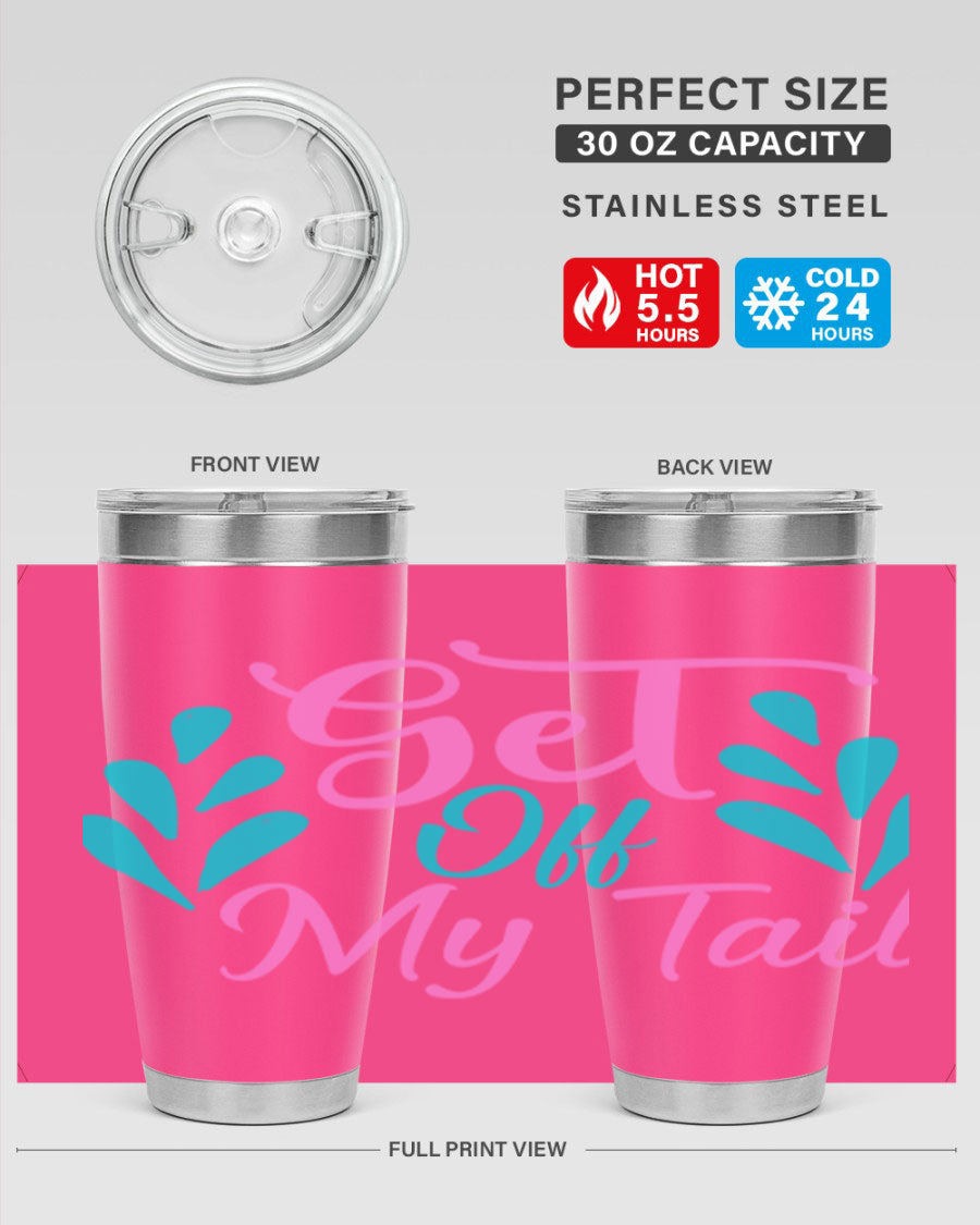 Get Off My Tail 175# Mermaid Tumbler showcasing vibrant mermaid design, double wall vacuum stainless steel construction, and drink-thru lid.
