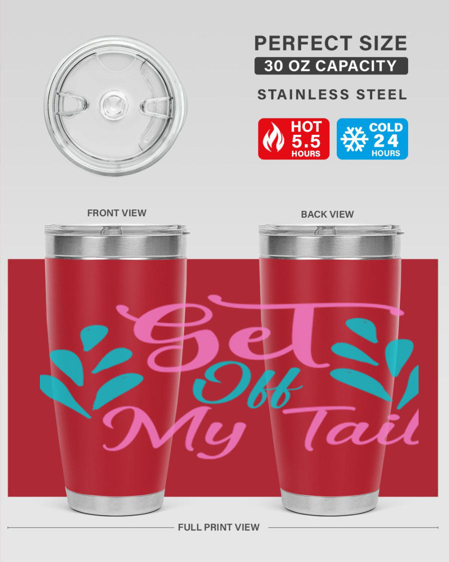 Get Off My Tail 175# Mermaid Tumbler showcasing vibrant mermaid design, double wall vacuum stainless steel construction, and drink-thru lid.