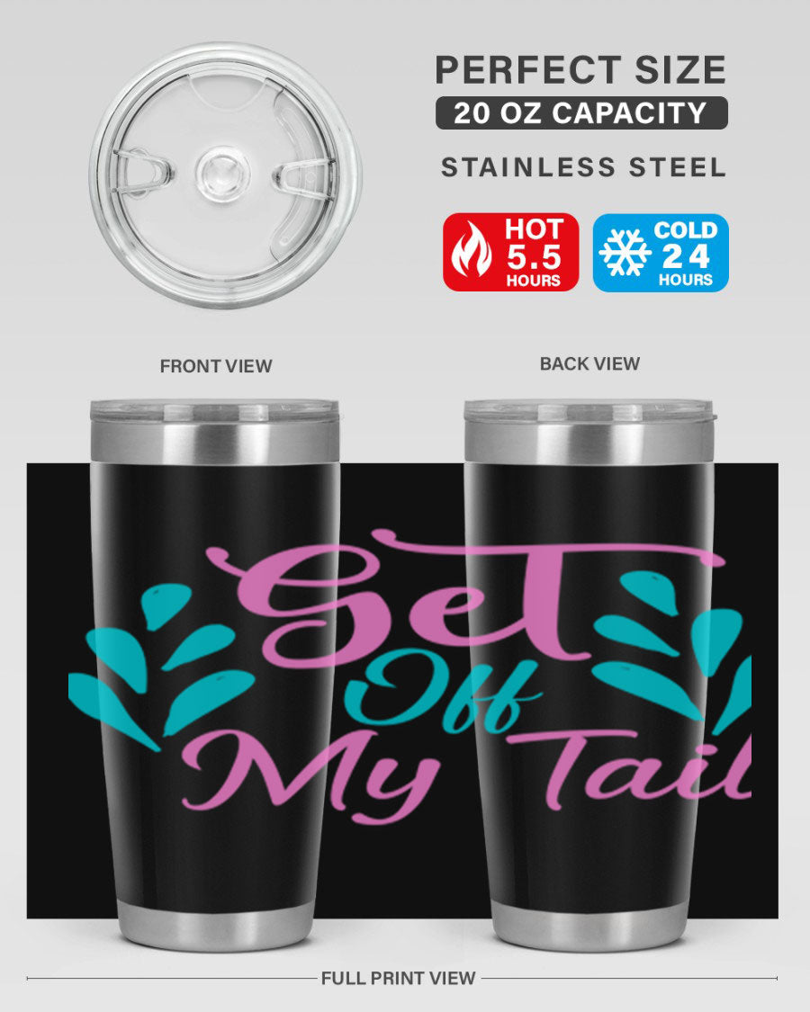 Get Off My Tail 175# Mermaid Tumbler showcasing vibrant mermaid design, double wall vacuum stainless steel construction, and drink-thru lid.