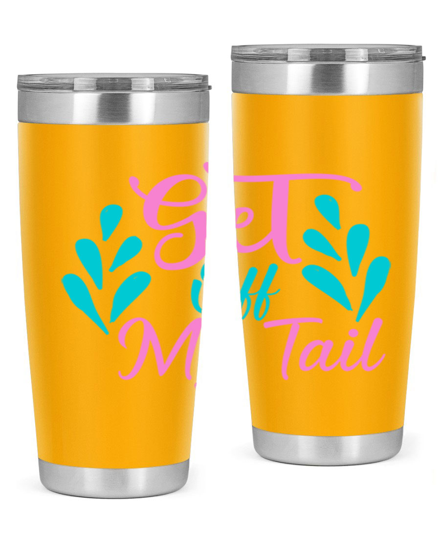 Get Off My Tail 175# Mermaid Tumbler showcasing vibrant mermaid design, double wall vacuum stainless steel construction, and drink-thru lid.