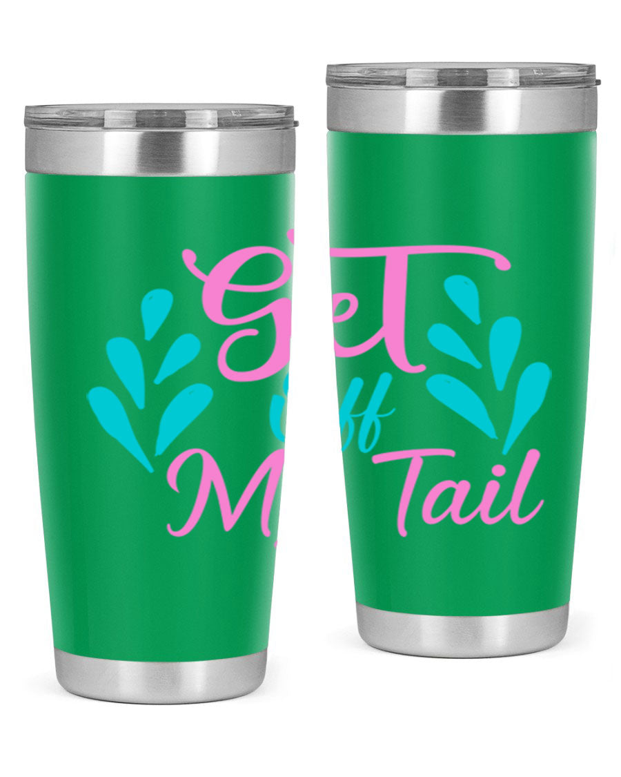 Get Off My Tail 175# Mermaid Tumbler showcasing vibrant mermaid design, double wall vacuum stainless steel construction, and drink-thru lid.
