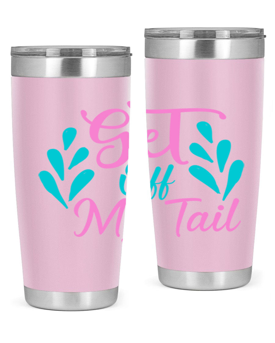 Get Off My Tail 175# Mermaid Tumbler showcasing vibrant mermaid design, double wall vacuum stainless steel construction, and drink-thru lid.
