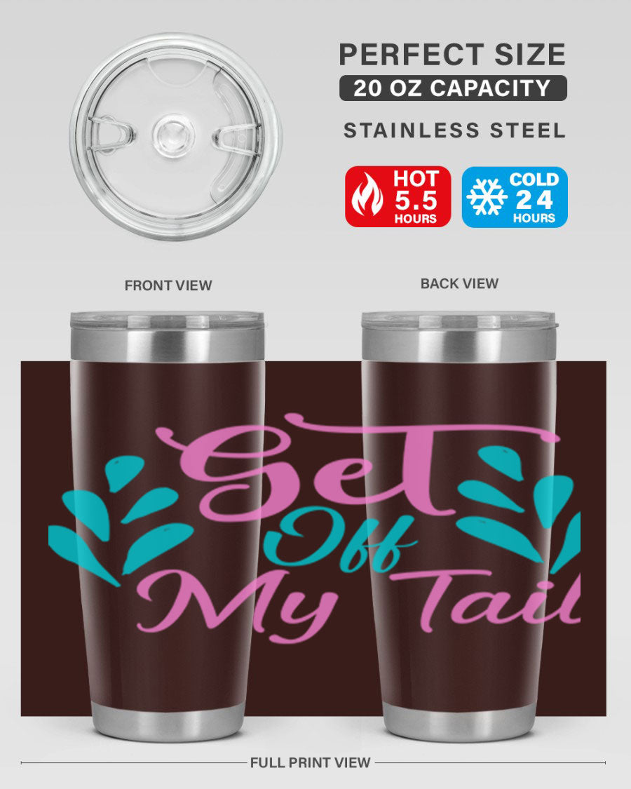 Get Off My Tail 175# Mermaid Tumbler showcasing vibrant mermaid design, double wall vacuum stainless steel construction, and drink-thru lid.
