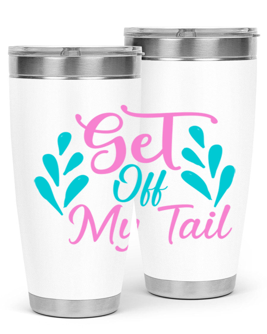 Get Off My Tail 175# Mermaid Tumbler showcasing vibrant mermaid design, double wall vacuum stainless steel construction, and drink-thru lid.
