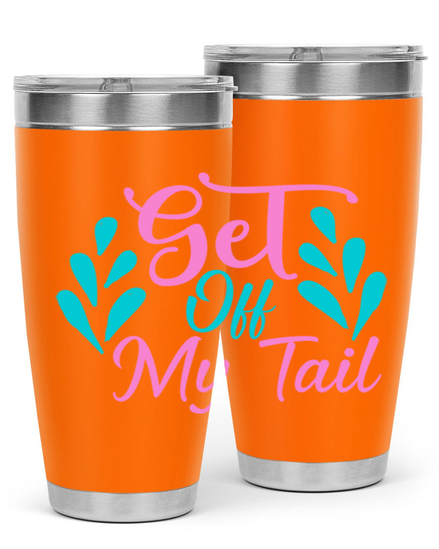Get Off My Tail 175# Mermaid Tumbler showcasing vibrant mermaid design, double wall vacuum stainless steel construction, and drink-thru lid.