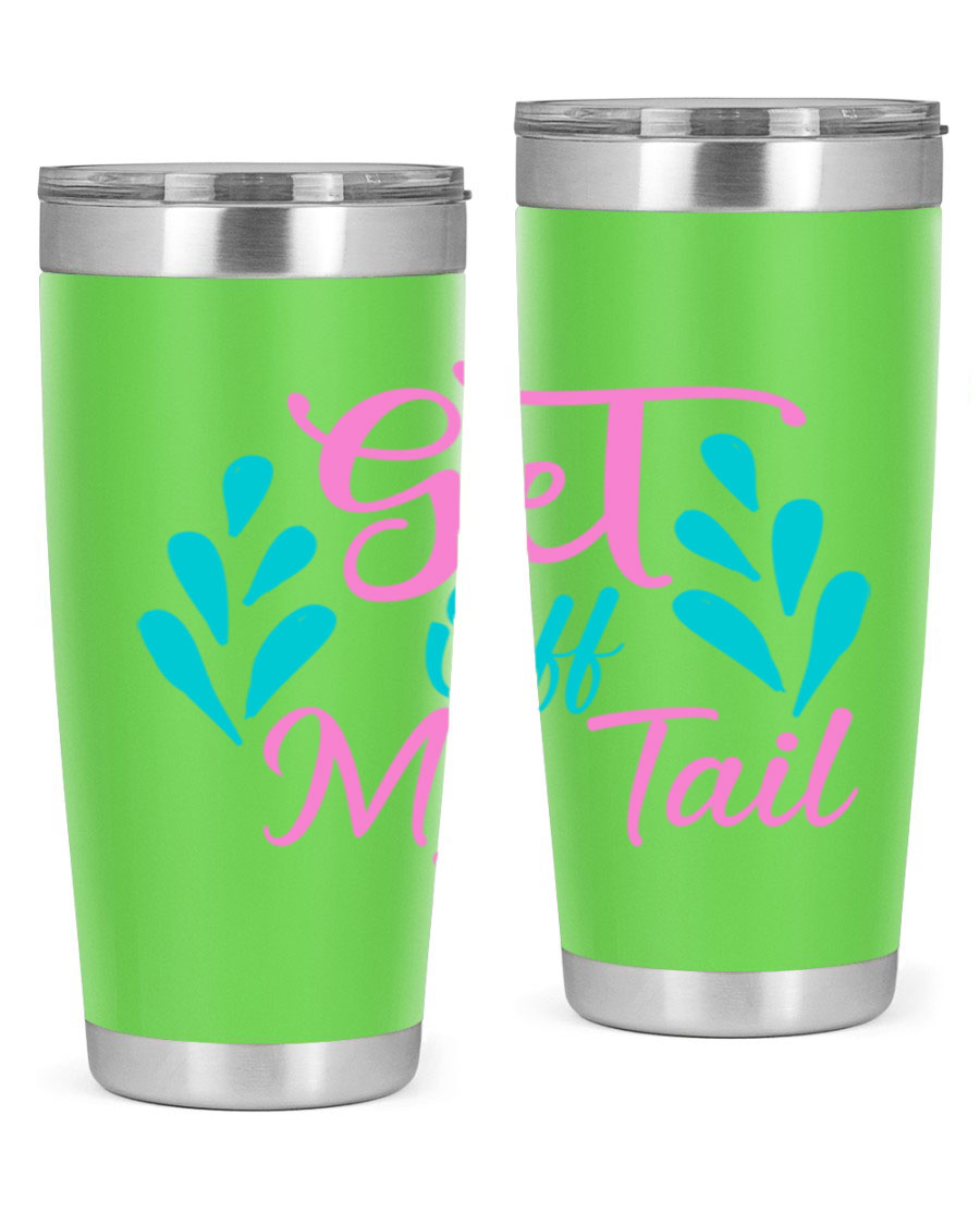Get Off My Tail 175# Mermaid Tumbler showcasing vibrant mermaid design, double wall vacuum stainless steel construction, and drink-thru lid.