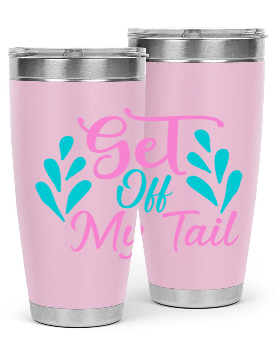 Get Off My Tail 175# Mermaid Tumbler showcasing vibrant mermaid design, double wall vacuum stainless steel construction, and drink-thru lid.