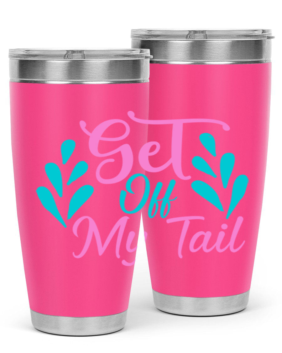 Get Off My Tail 175# Mermaid Tumbler showcasing vibrant mermaid design, double wall vacuum stainless steel construction, and drink-thru lid.