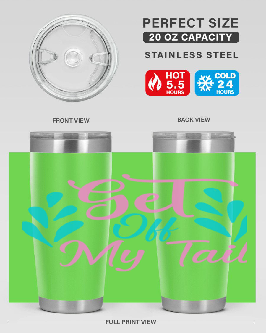 Get Off My Tail 175# Mermaid Tumbler showcasing vibrant mermaid design, double wall vacuum stainless steel construction, and drink-thru lid.