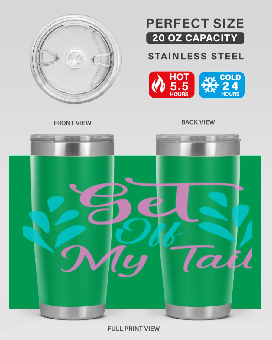 Get Off My Tail 175# Mermaid Tumbler showcasing vibrant mermaid design, double wall vacuum stainless steel construction, and drink-thru lid.