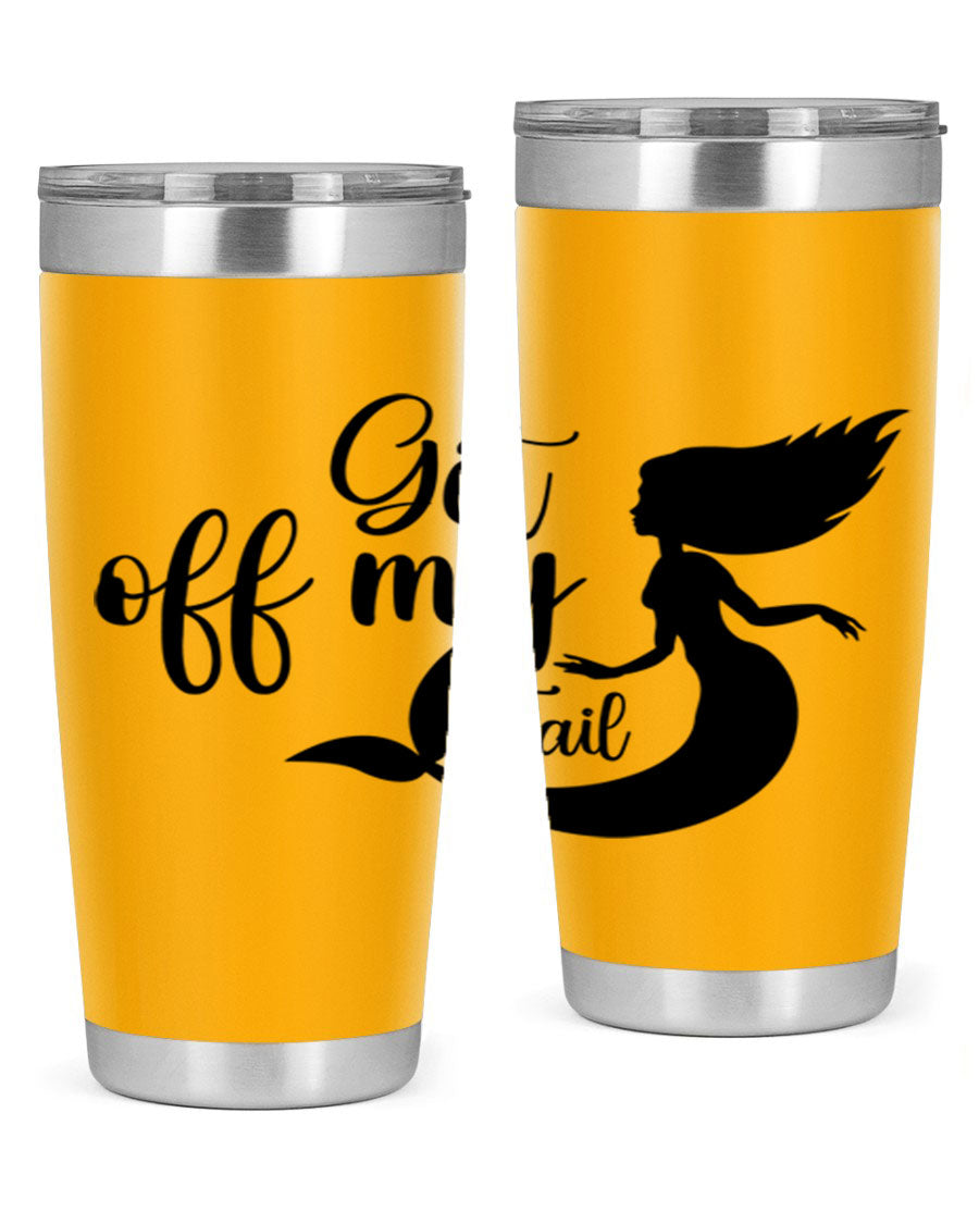 Get off my tail 181# mermaid tumbler in stainless steel with a vibrant mermaid design, perfect for hot and cold beverages.