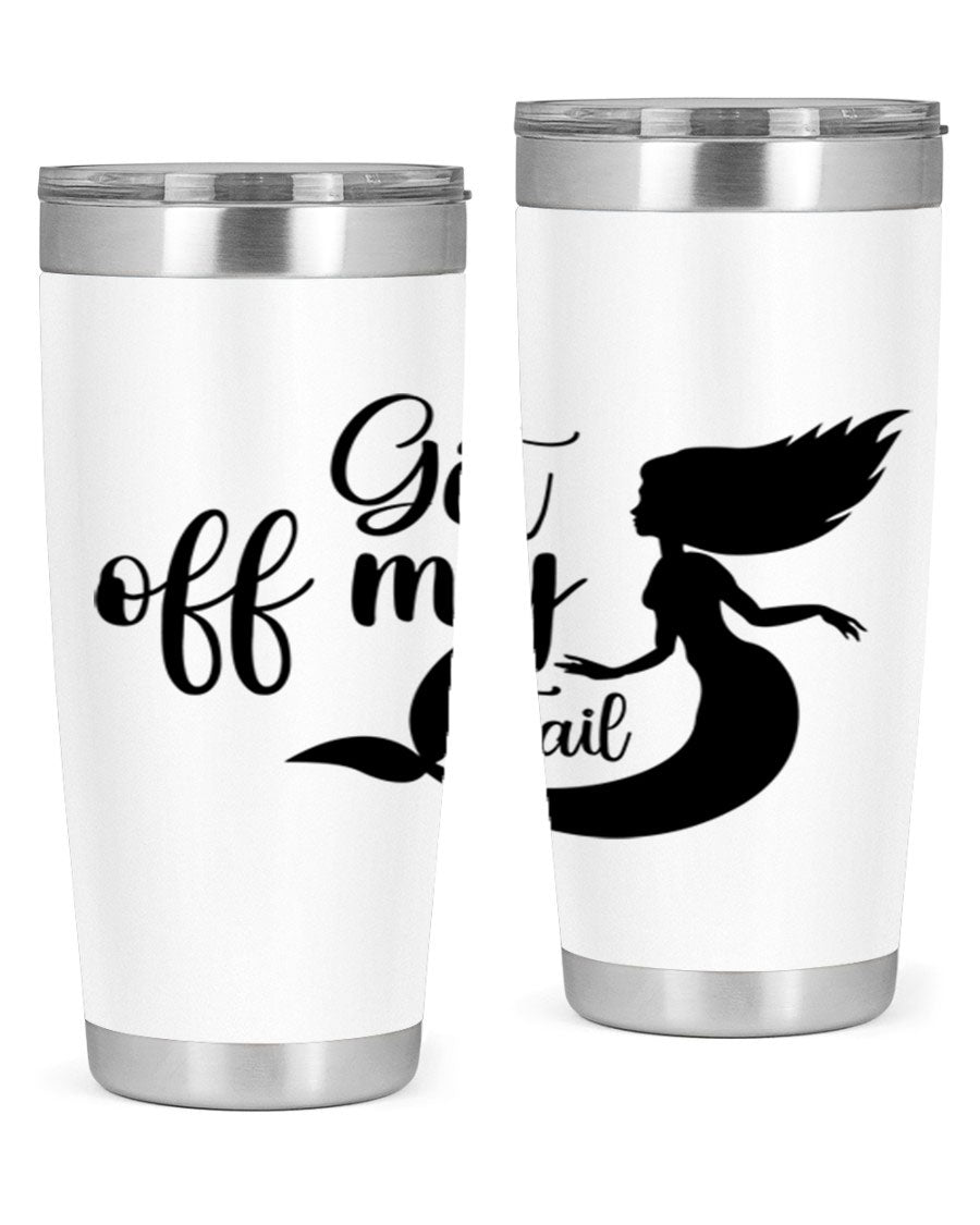 Get off my tail 181# mermaid tumbler in stainless steel with a vibrant mermaid design, perfect for hot and cold beverages.