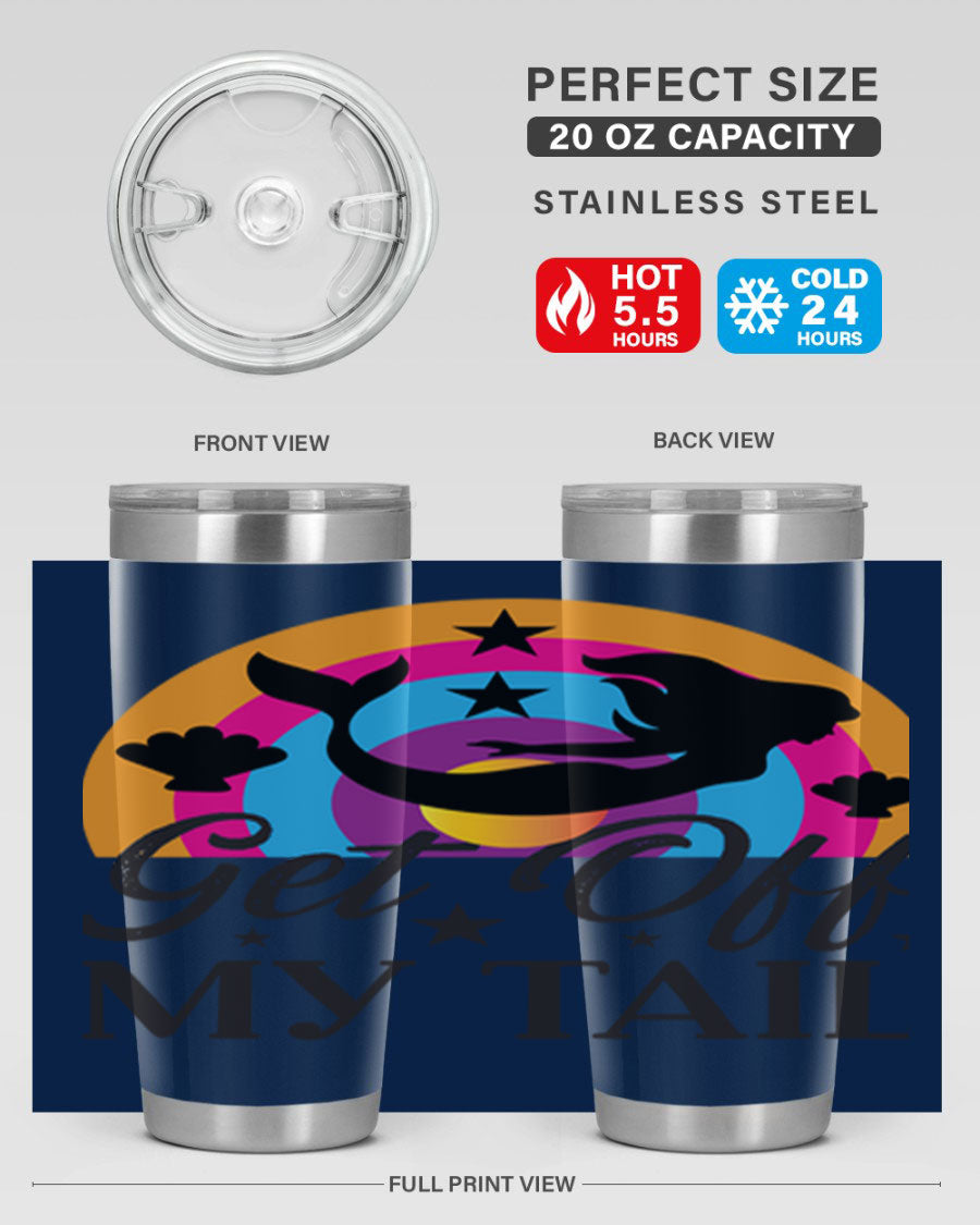 Get off my tail 182# mermaid tumbler in vibrant colors, showcasing its double wall stainless steel design and drink-thru lid.