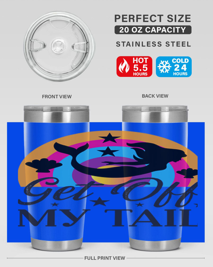 Get off my tail 182# mermaid tumbler in vibrant colors, showcasing its double wall stainless steel design and drink-thru lid.