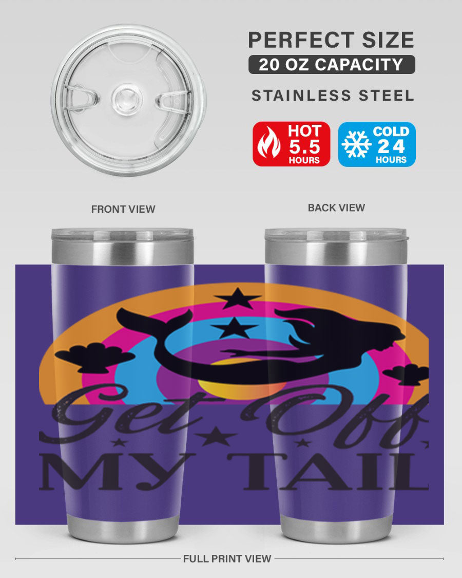 Get off my tail 182# mermaid tumbler in vibrant colors, showcasing its double wall stainless steel design and drink-thru lid.