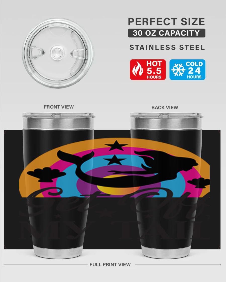 Get off my tail 182# mermaid tumbler in vibrant colors, showcasing its double wall stainless steel design and drink-thru lid.