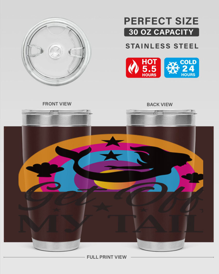 Get off my tail 182# mermaid tumbler in vibrant colors, showcasing its double wall stainless steel design and drink-thru lid.
