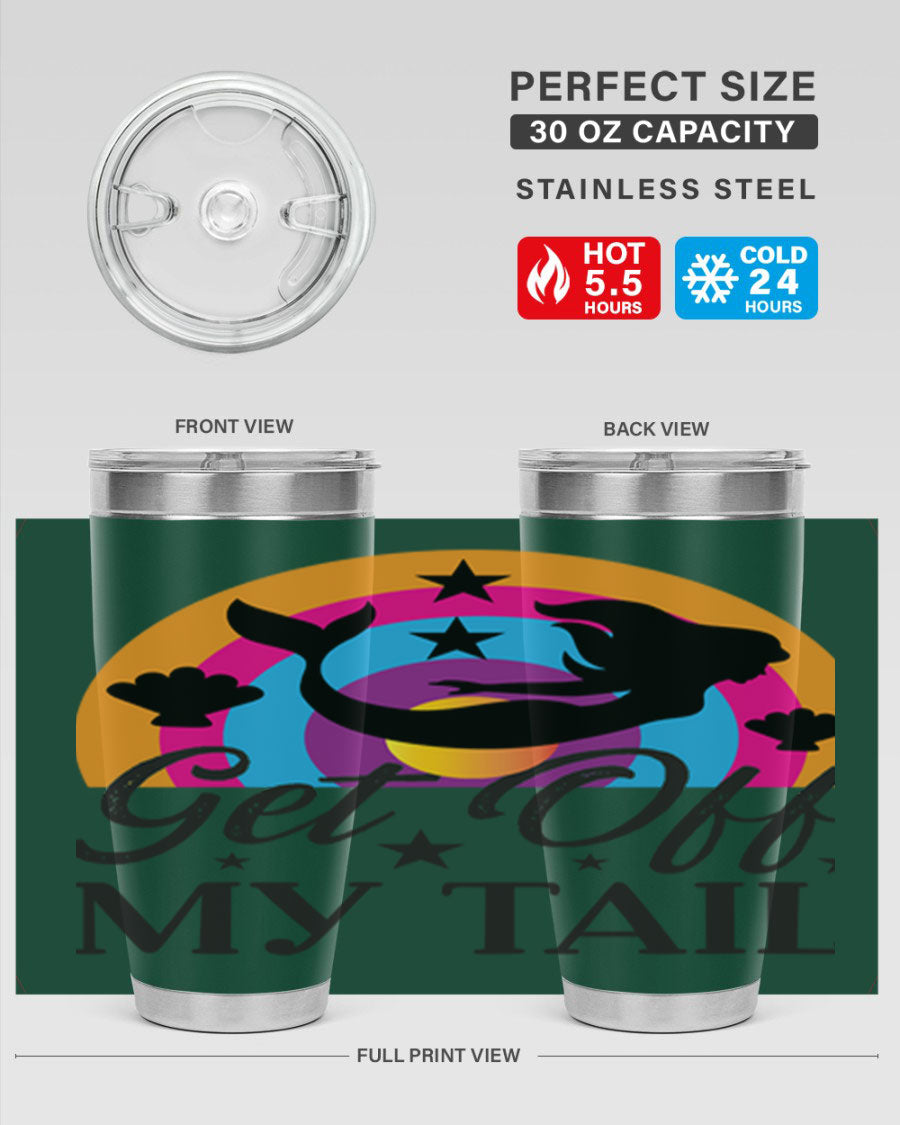 Get off my tail 182# mermaid tumbler in vibrant colors, showcasing its double wall stainless steel design and drink-thru lid.