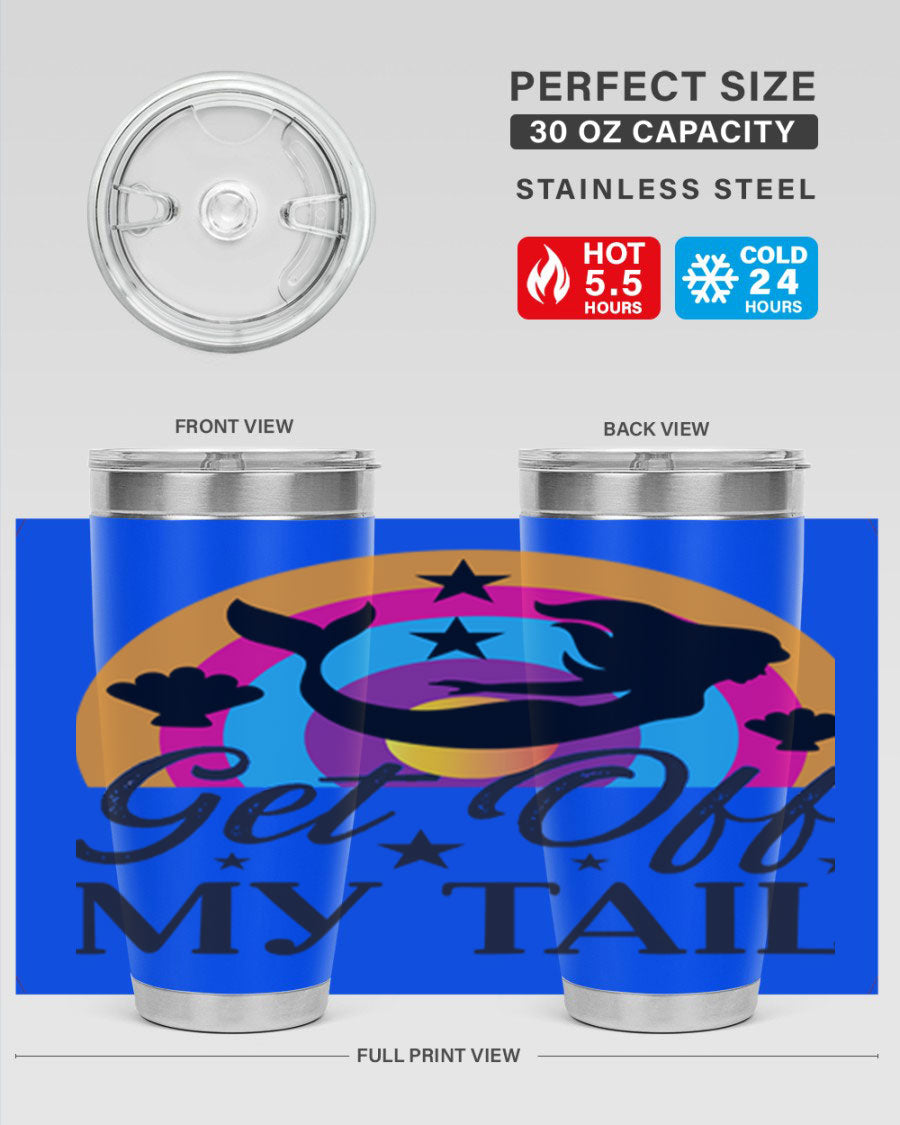 Get off my tail 182# mermaid tumbler in vibrant colors, showcasing its double wall stainless steel design and drink-thru lid.