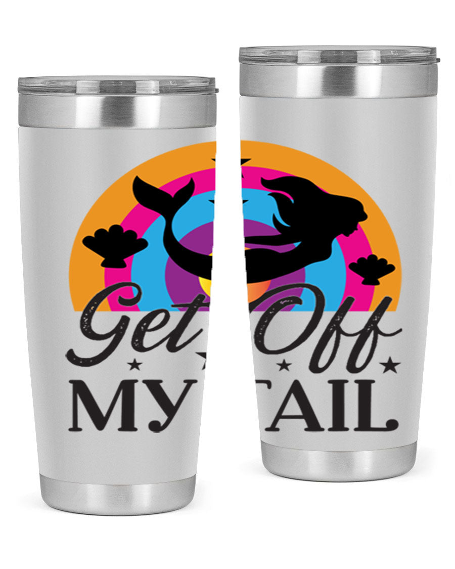Get off my tail 182# mermaid tumbler in vibrant colors, showcasing its double wall stainless steel design and drink-thru lid.