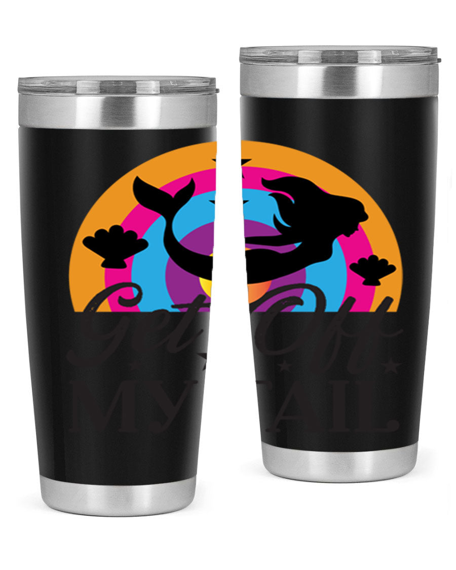 Get off my tail 182# mermaid tumbler in vibrant colors, showcasing its double wall stainless steel design and drink-thru lid.