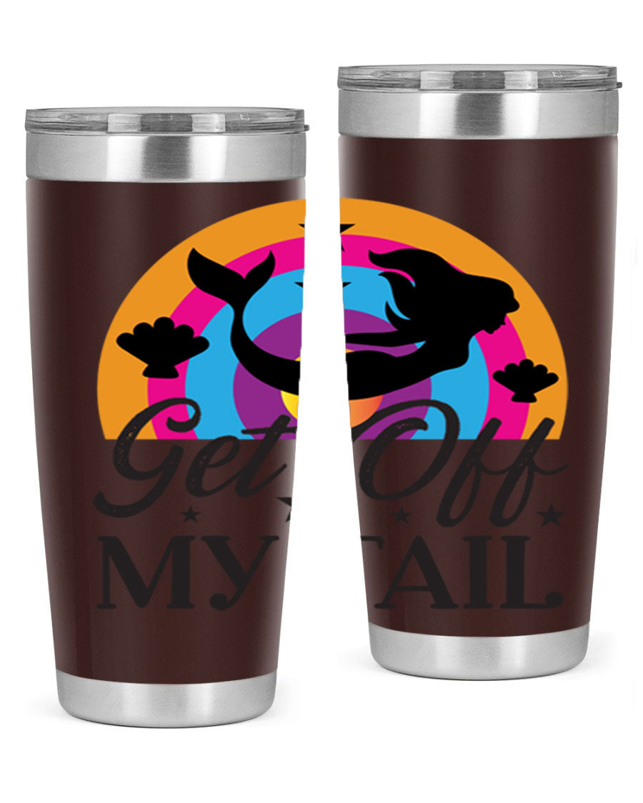 Get off my tail 182# mermaid tumbler in vibrant colors, showcasing its double wall stainless steel design and drink-thru lid.
