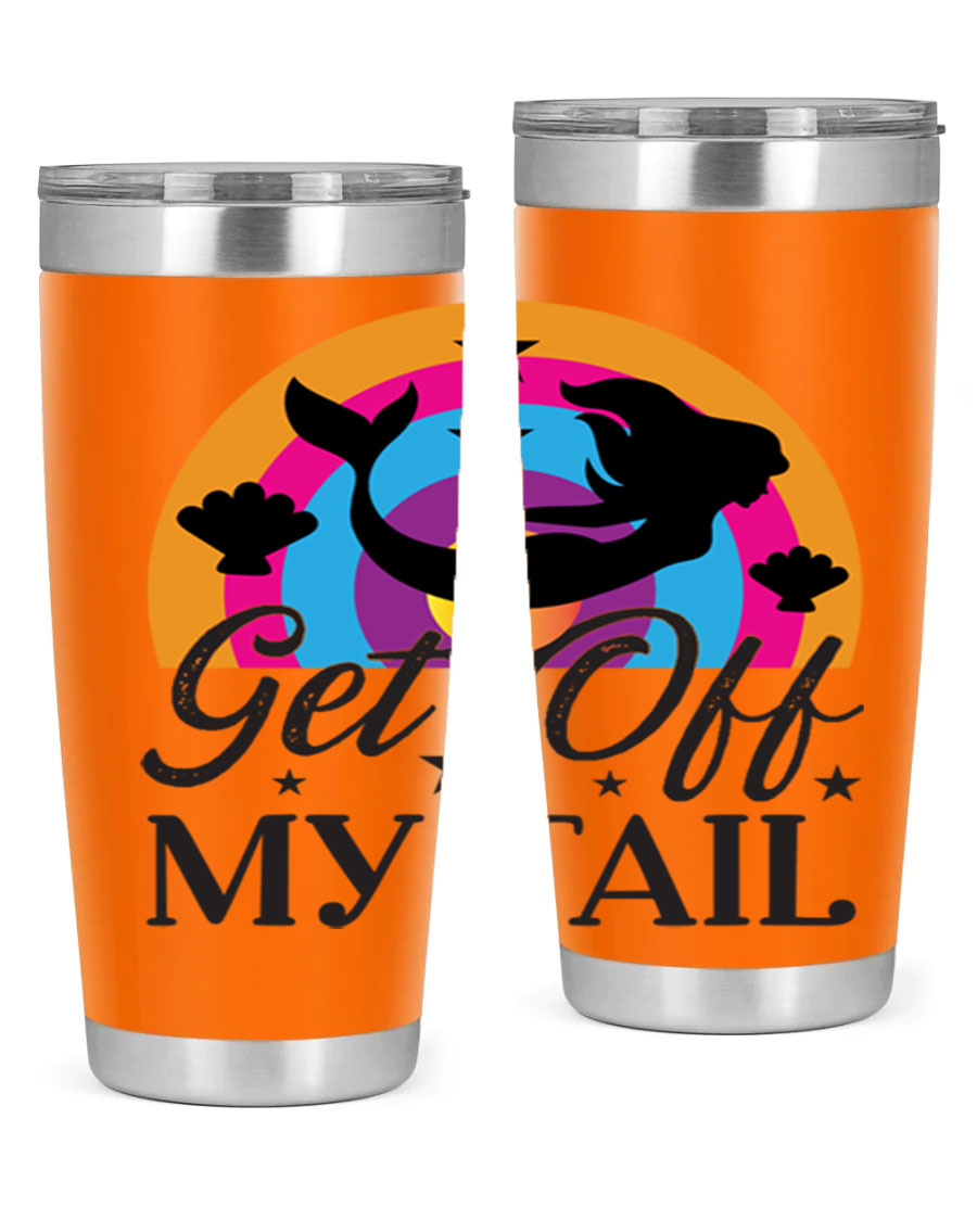 Get off my tail 182# mermaid tumbler in vibrant colors, showcasing its double wall stainless steel design and drink-thru lid.