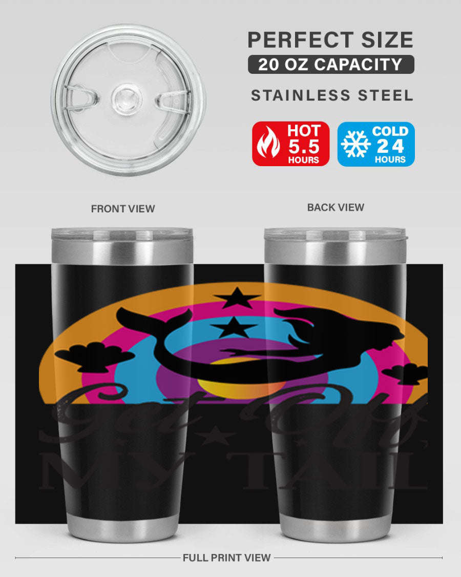 Get off my tail 182# mermaid tumbler in vibrant colors, showcasing its double wall stainless steel design and drink-thru lid.