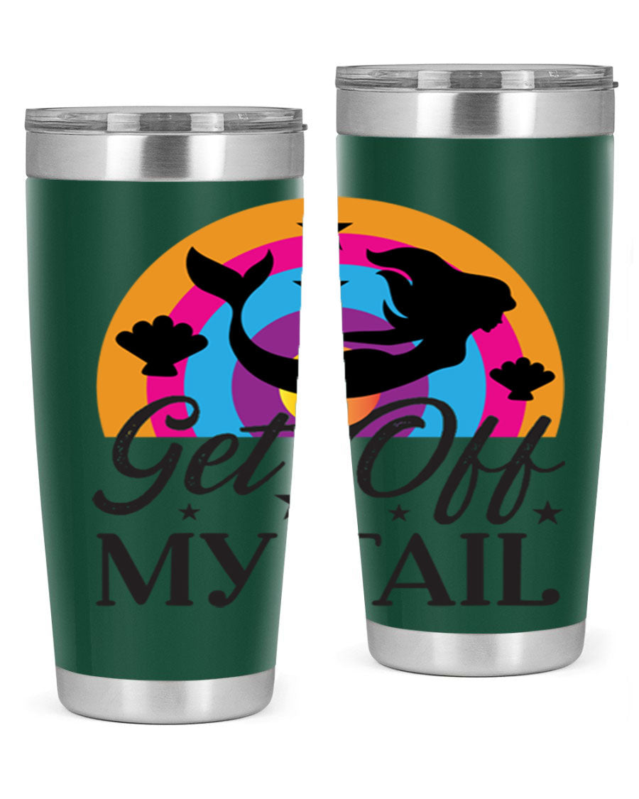 Get off my tail 182# mermaid tumbler in vibrant colors, showcasing its double wall stainless steel design and drink-thru lid.