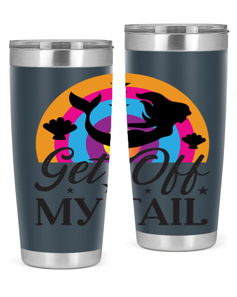 Get off my tail 182# mermaid tumbler in vibrant colors, showcasing its double wall stainless steel design and drink-thru lid.