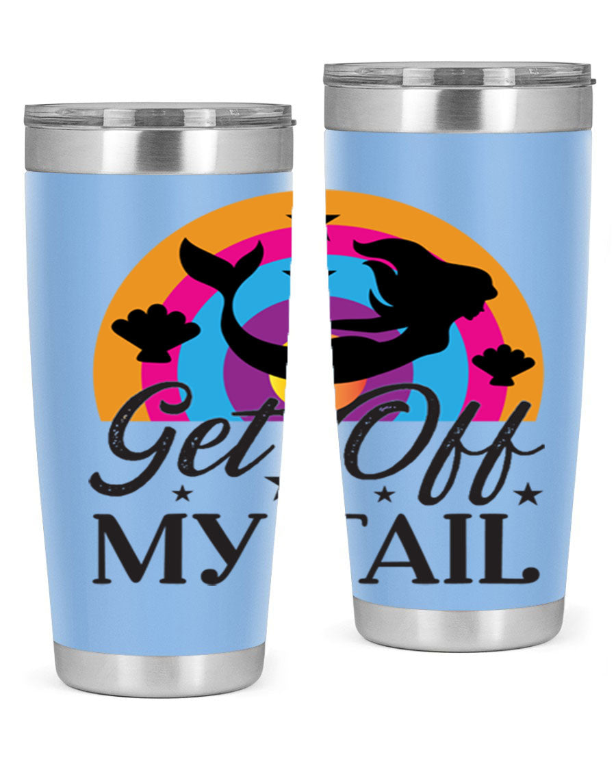 Get off my tail 182# mermaid tumbler in vibrant colors, showcasing its double wall stainless steel design and drink-thru lid.