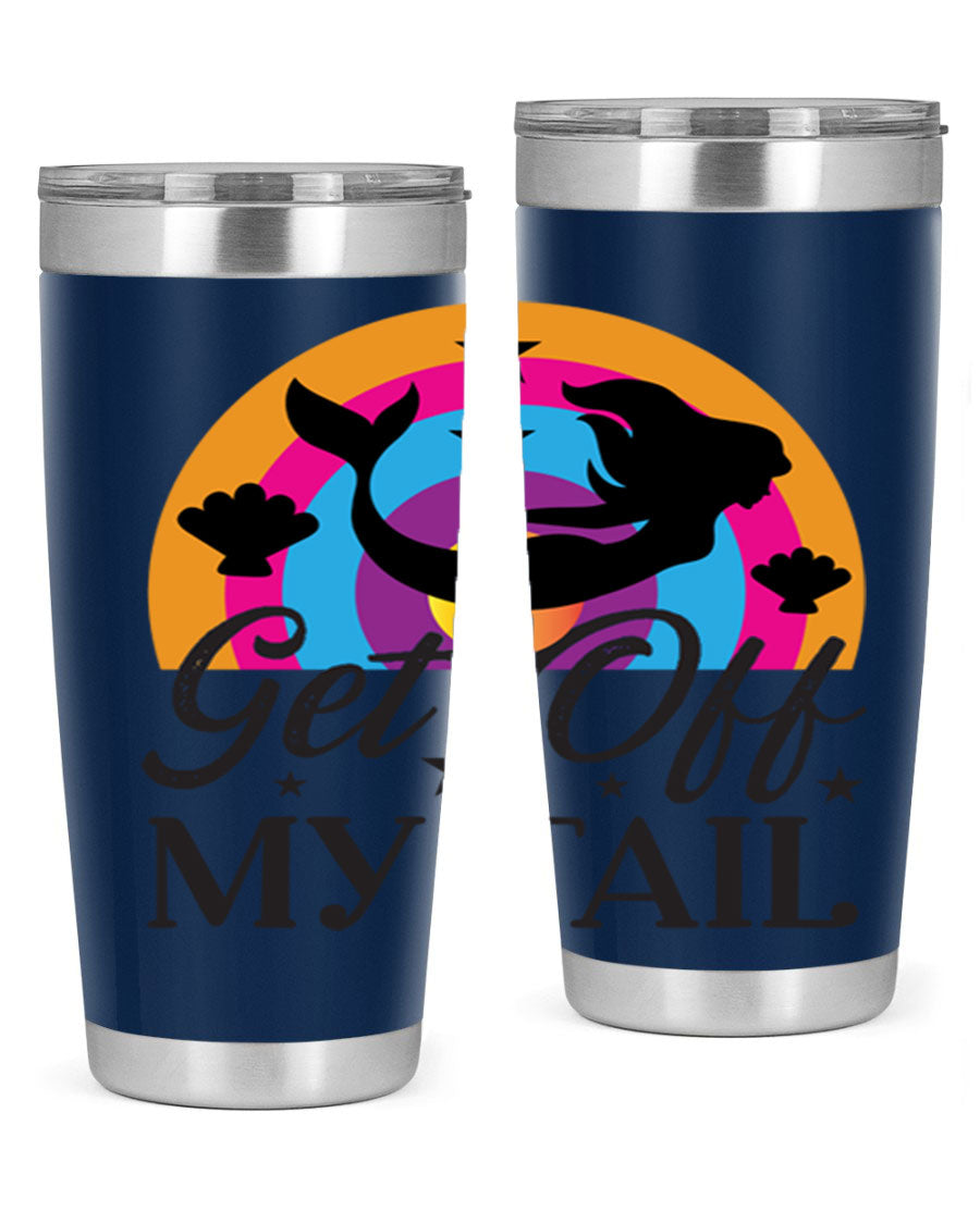 Get off my tail 182# mermaid tumbler in vibrant colors, showcasing its double wall stainless steel design and drink-thru lid.