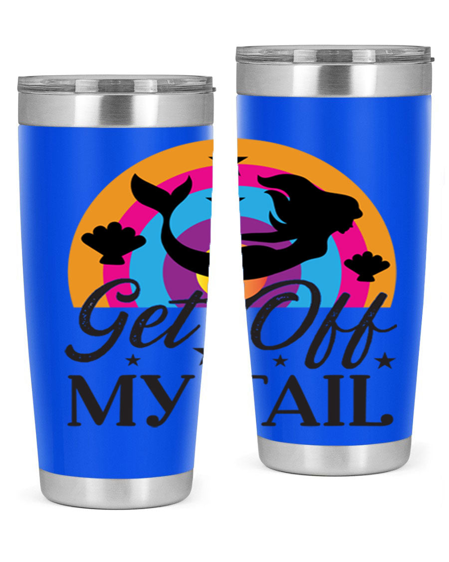Get off my tail 182# mermaid tumbler in vibrant colors, showcasing its double wall stainless steel design and drink-thru lid.