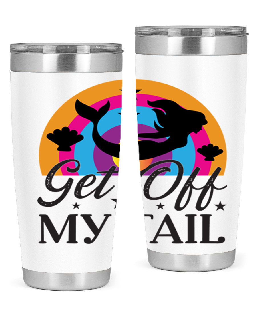Get off my tail 182# mermaid tumbler in vibrant colors, showcasing its double wall stainless steel design and drink-thru lid.