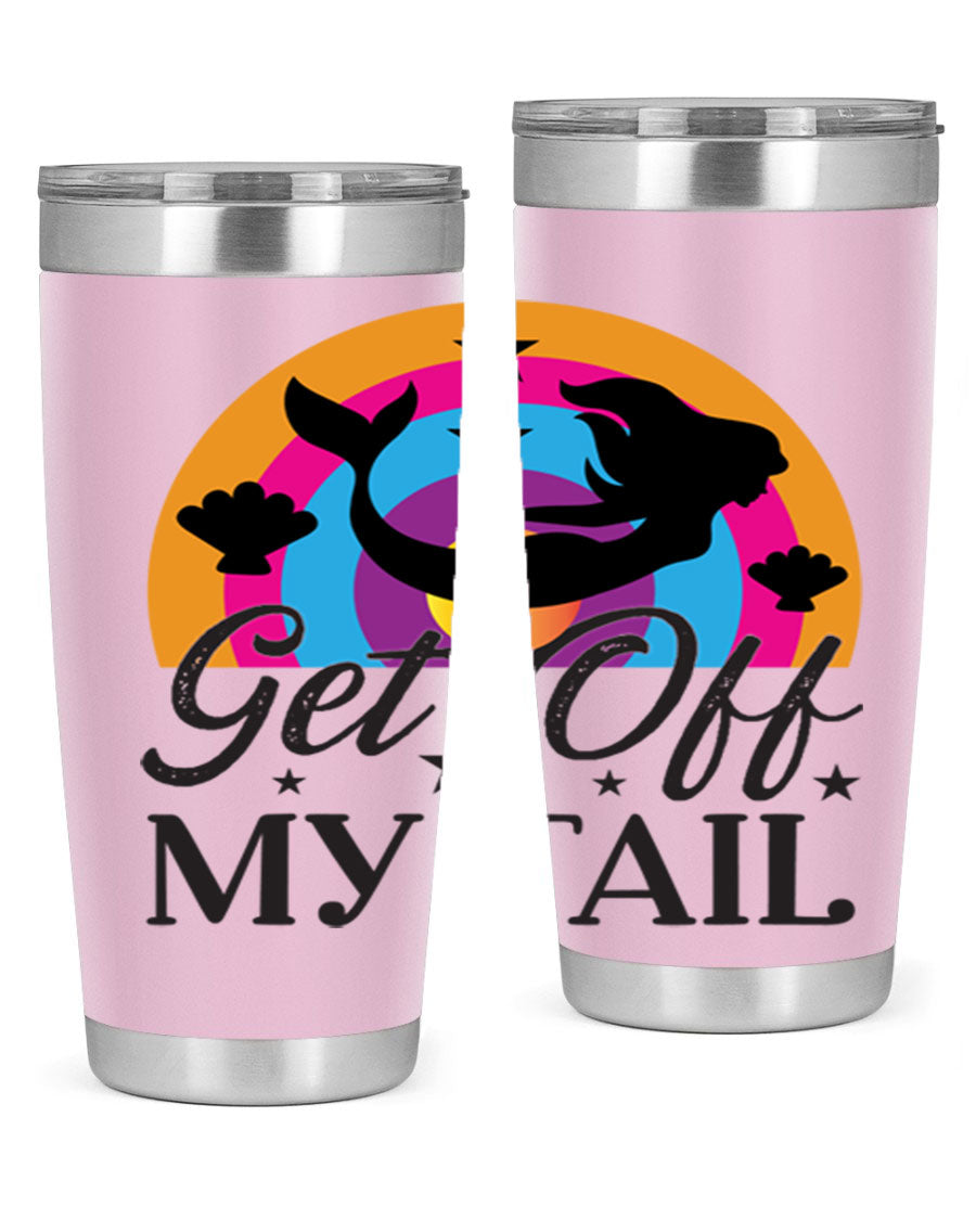 Get off my tail 182# mermaid tumbler in vibrant colors, showcasing its double wall stainless steel design and drink-thru lid.
