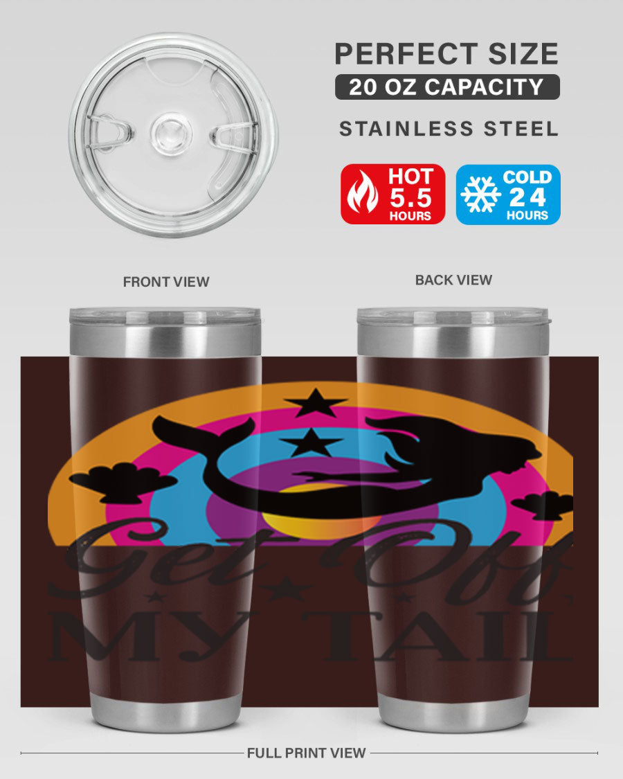 Get off my tail 182# mermaid tumbler in vibrant colors, showcasing its double wall stainless steel design and drink-thru lid.
