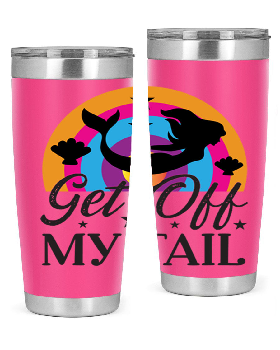 Get off my tail 182# mermaid tumbler in vibrant colors, showcasing its double wall stainless steel design and drink-thru lid.