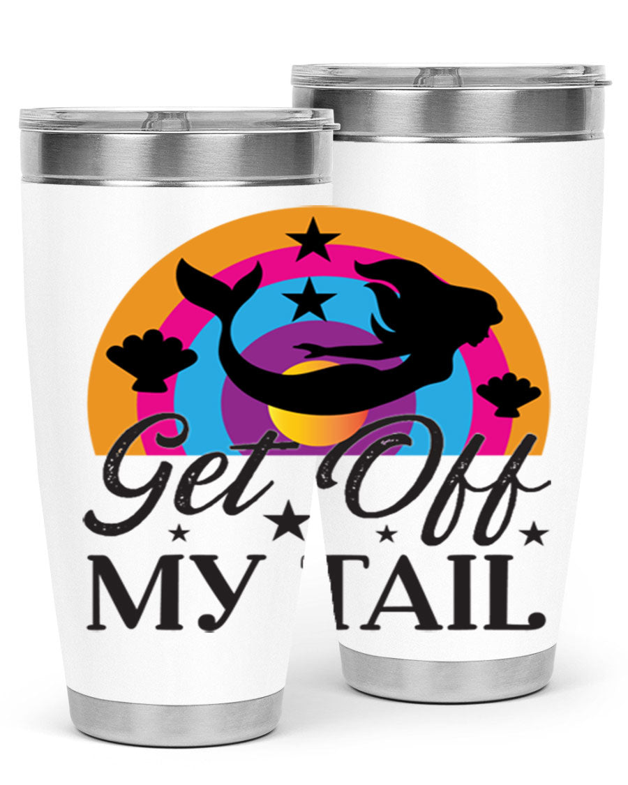 Get off my tail 182# mermaid tumbler in vibrant colors, showcasing its double wall stainless steel design and drink-thru lid.